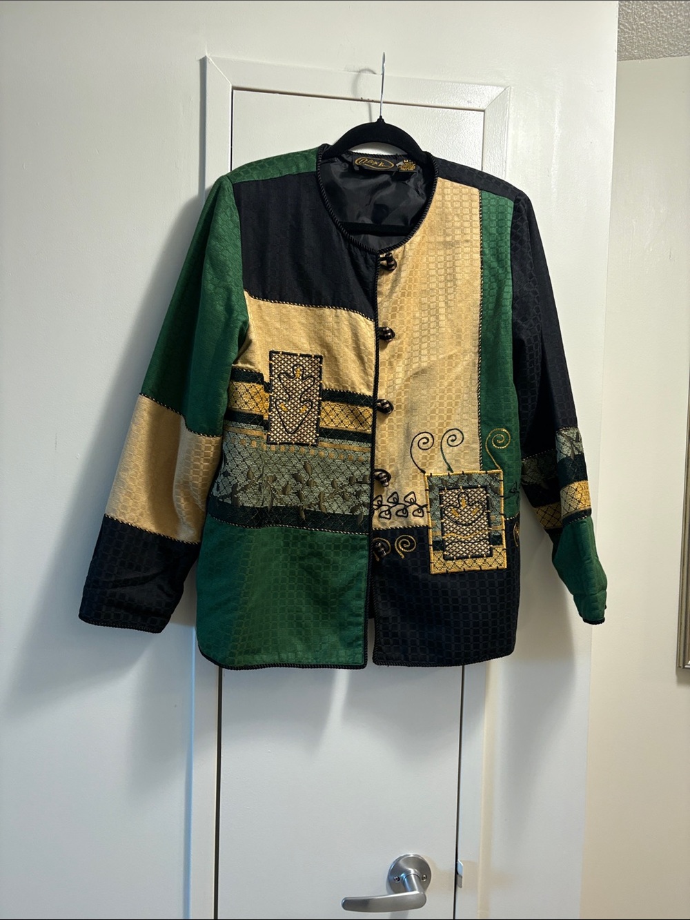 Alex Ku Womens Patchwork Button-Up Jacket in Green & Gold